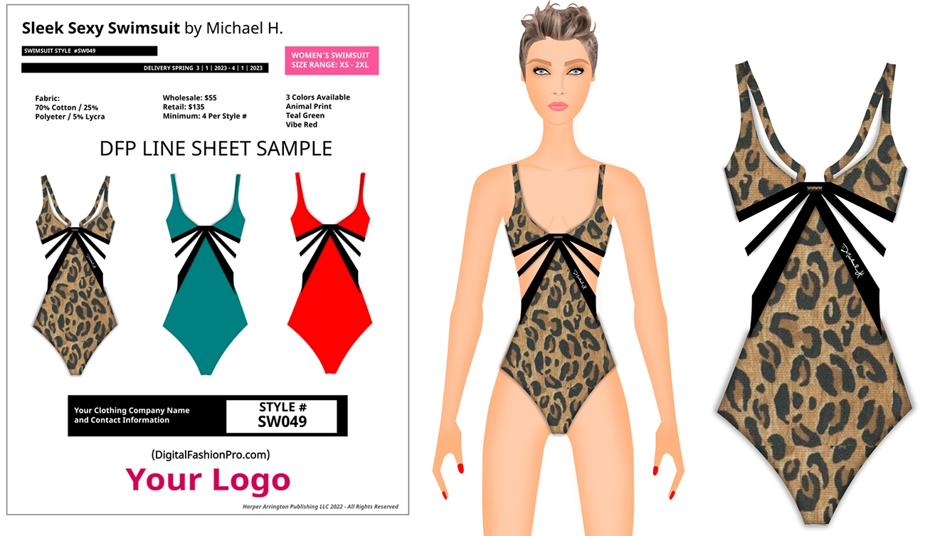 swimwear animal print and model wearing it + line sheet example