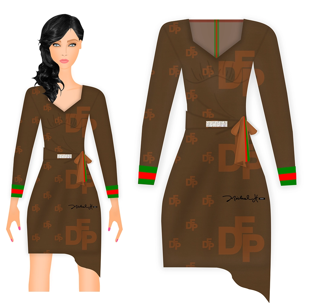 DFP Monogram Wrap Dress and Model in Dress - Fashion Sketch - Digital Fashion Pro Fashion Design Software