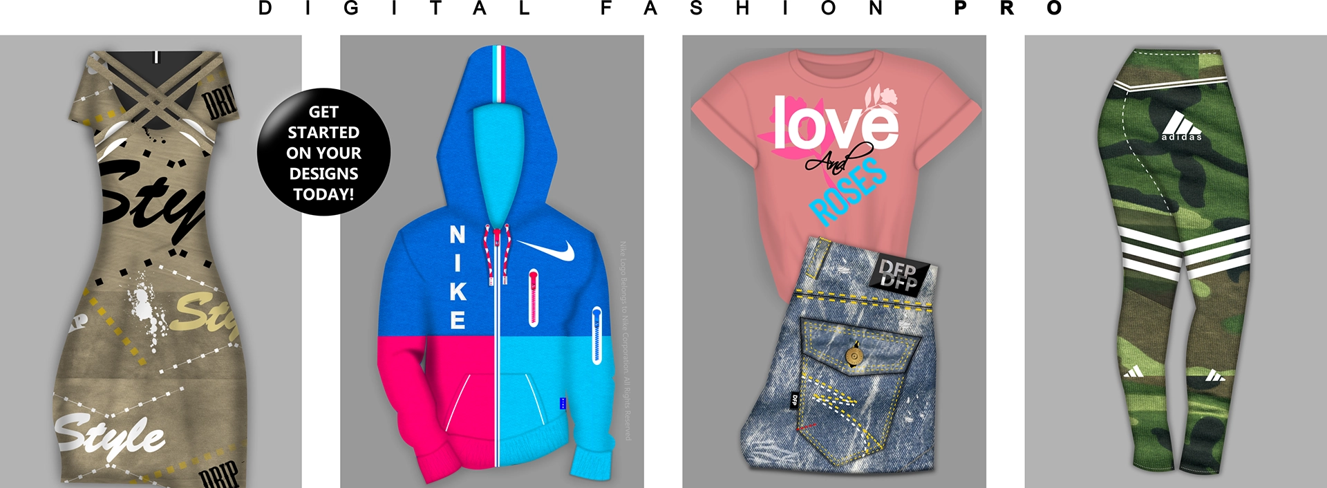 Digital Fashion Pro - Fashion Design Software - Design Your Own Clothes Sketches - Top Collage - dress - nike jacket - love tshirt