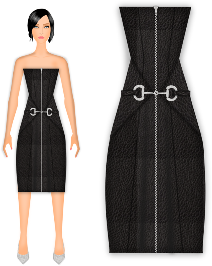 Black Leather Dress with clasp - fashion sketch - with and without model