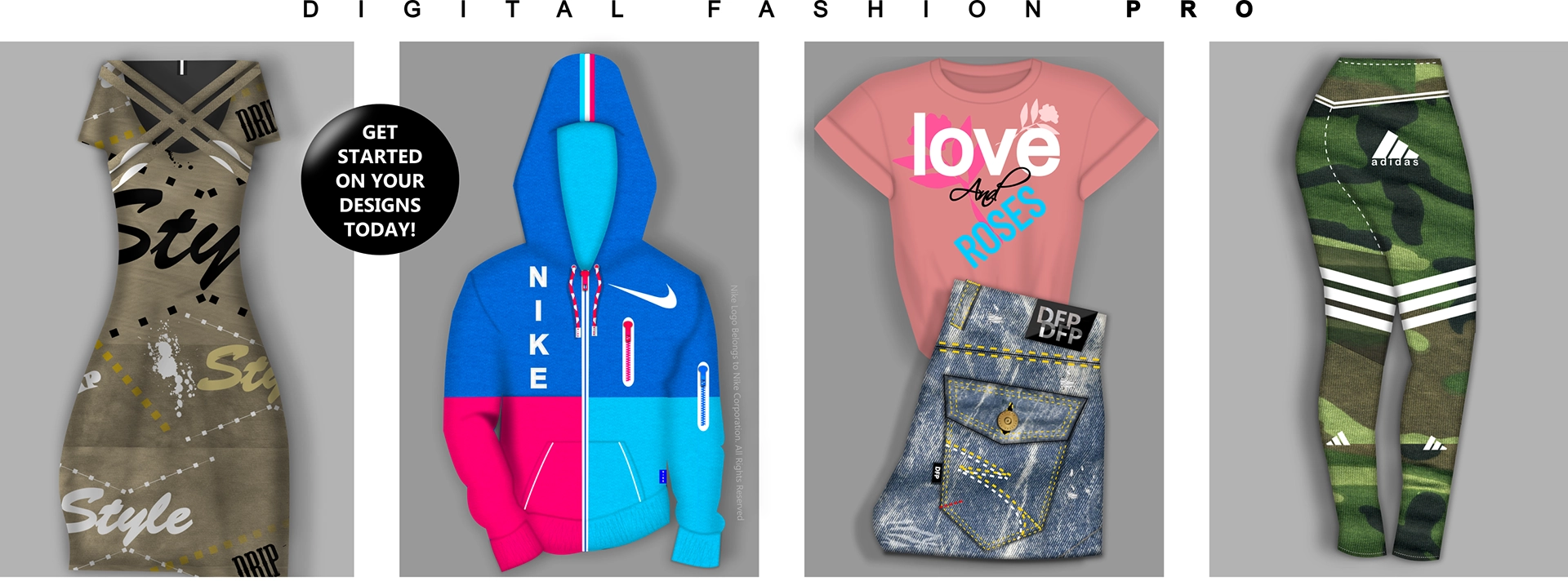 Digital Fashion Pro - Fashion Design Software - Design Your Own Clothes Sketches - Top Collage - dress - nike jacket - love tshirt
