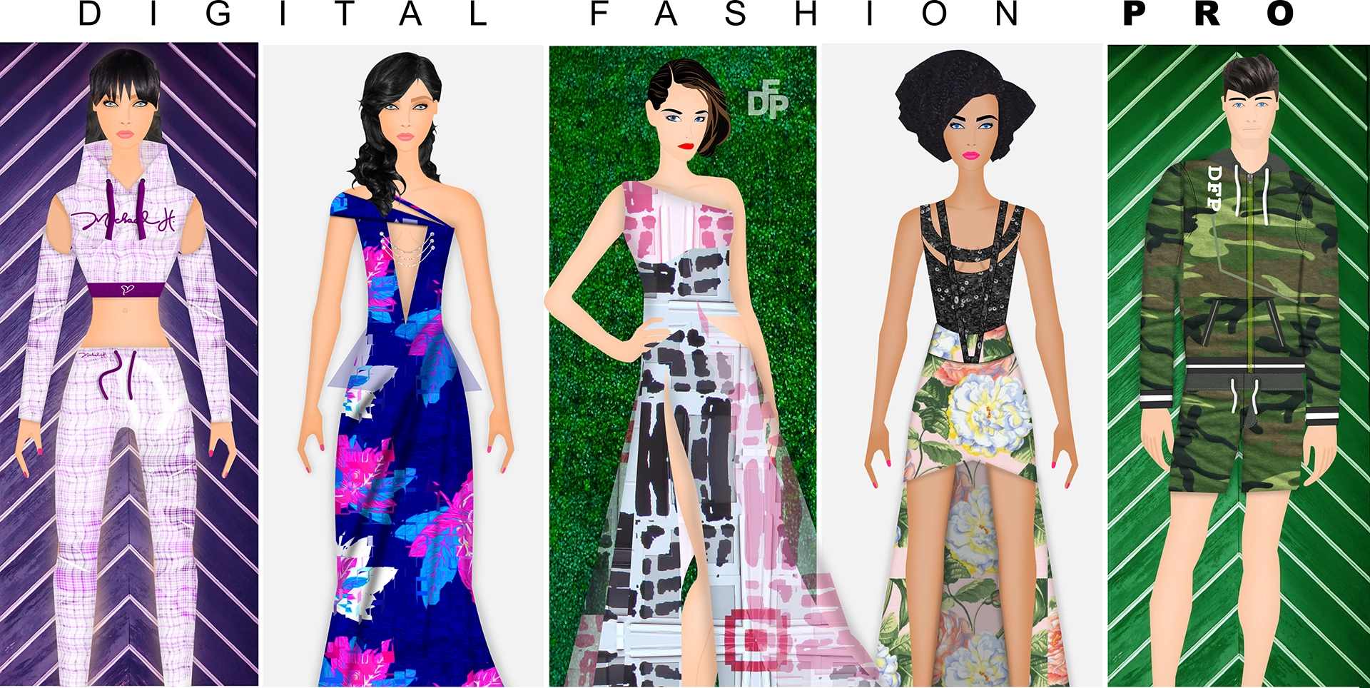 5 DFP Models Display on Backgrounds - fashion design software - Digital Fashion Pro